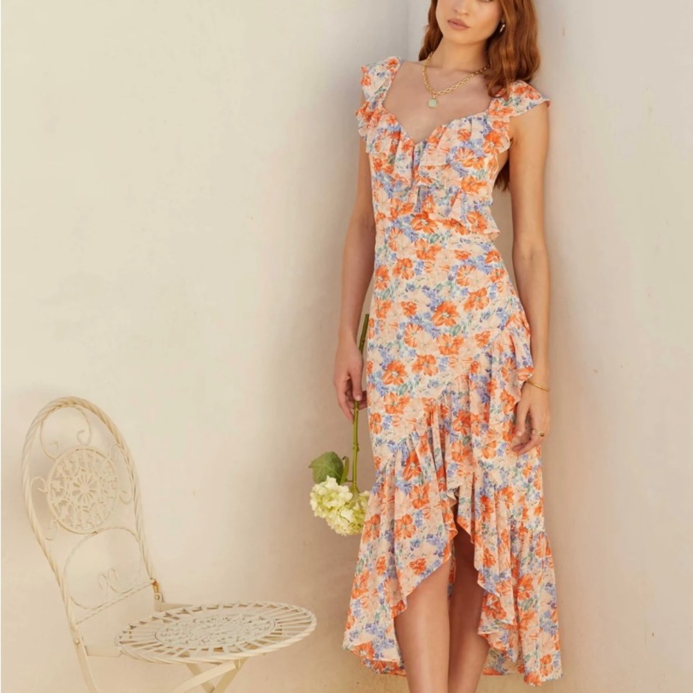 ASTR The Label MAHALIA FLORAL SWEETHEART RUFFLE MIDI DRESS - Blue Orange Floral